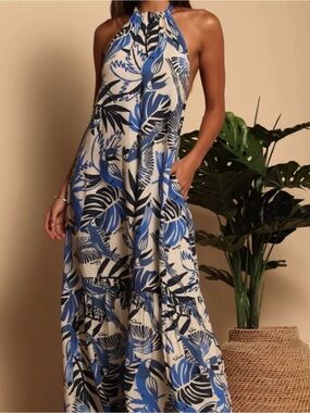 Halter Neck Blue & Cream Tropical Maxi Dress